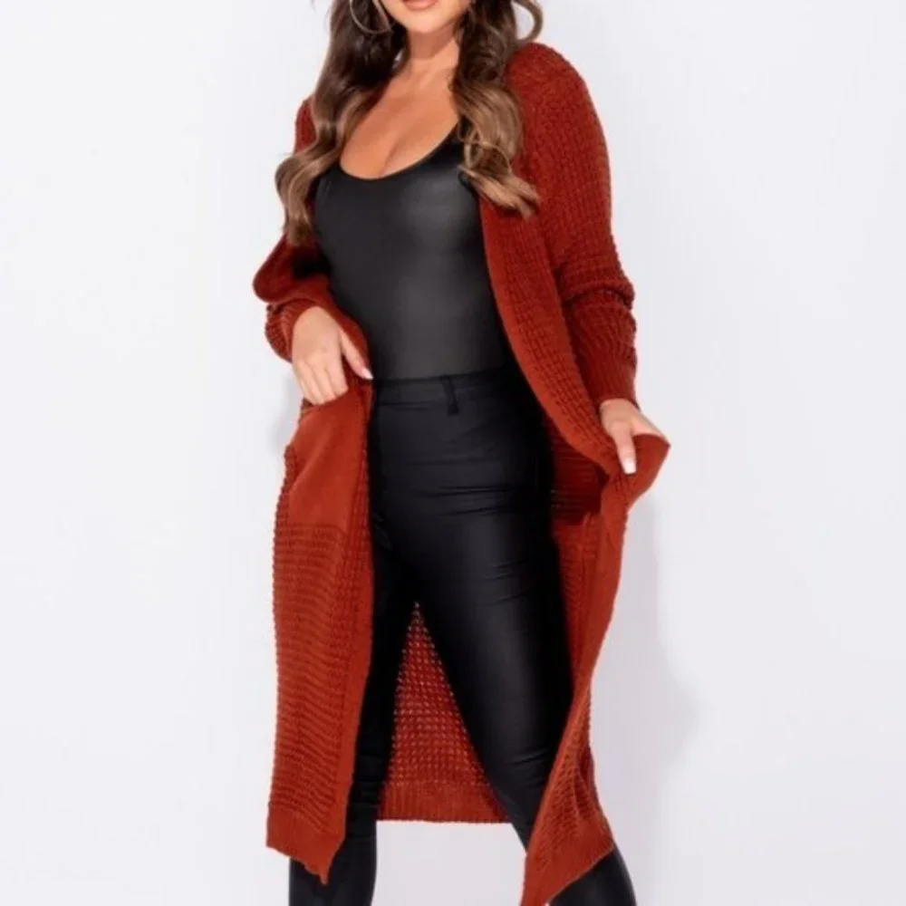 Knitted Long Sleeve Open Front Long Maxi Cardigan Sweater Duster - Picture 6 of 9